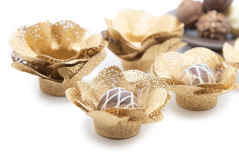 Truffilio Handmade Fabric Truffle Cups | Truffle Liners | Truffle Wrappers | Fominhas | Candy cups | Forminhas de Brigadeiro | candy liners - Pack of 20 - Truffilio (Fabric, Camellia Gold) - Image 1
